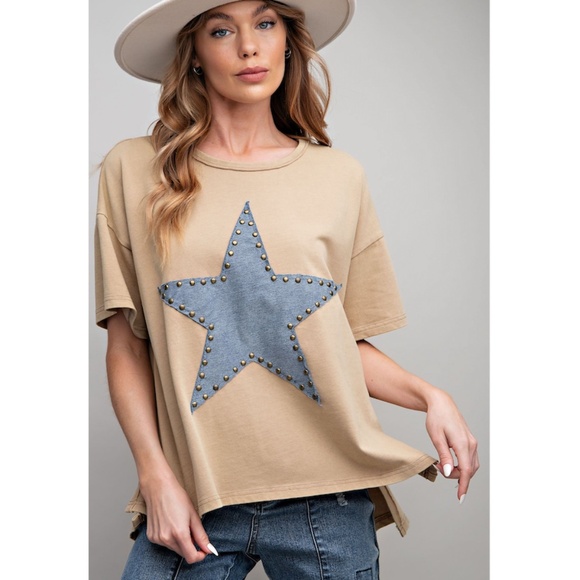 Khaki Mineral Wash Star Studded Patch Knit Top - Picture 2 of 8